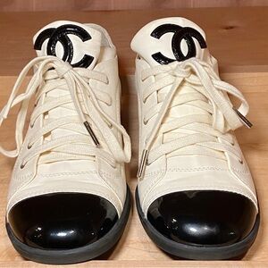 CHANEL Ivory and Black High-Top Sneakers